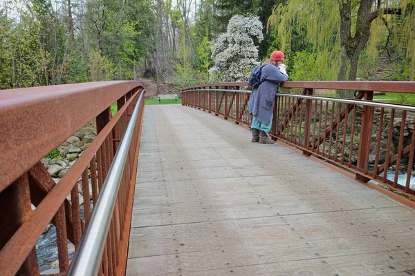 Toronto Ontario Kanada Maja 2023 Kobieta Stojąca Moście Parku Publicznym — Zdjęcie stockowe