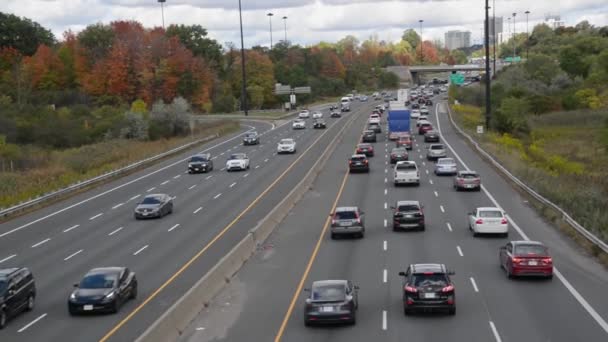 High Angle View Multi Lane Highway Traffic Autumn — Stock Video