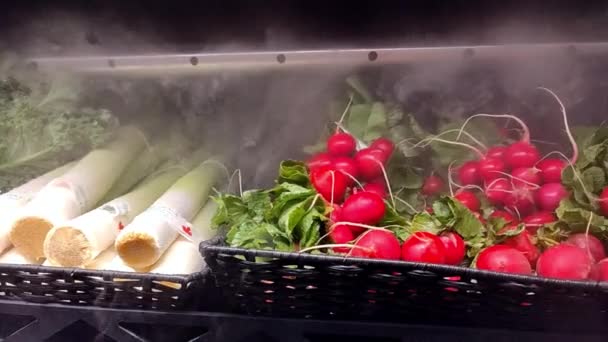 スーパーマーケットの棚に展示されたチルドリークとラディッシュ — ストック動画