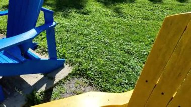 Parktaki renkli Adirondack sandalyelerinin görüntüsü.