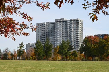 Apartmanı olan bir kamu parkında sonbahar yaprağı rengi 