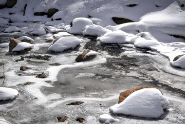Karla kaplı taşlarla kaplı nehir manzarası