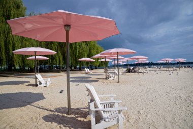 Kumsal parkındaki pembe şemsiyeler ve Adirondack sandalyeleri.