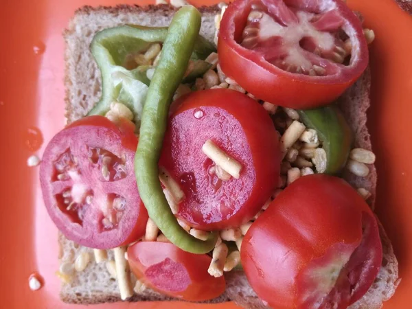 Kasvisvoileipä Joka Koostuu Leivästä Vihreästä Chilistä Tomaateista Paprikasta Monikäyttökäyttöön — kuvapankkivalokuva