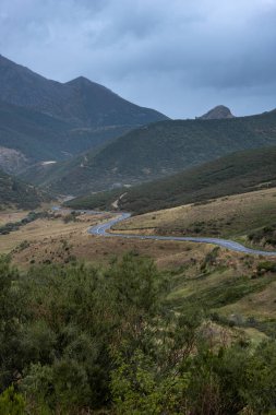 Cordillera Cantabrica, picos da europa, Leon, asturias, İspanya 'da yaz boyunca dağlarla ve ağaçlarla dolu doğal parktan geçen güzel bir manzara fotoğrafı.