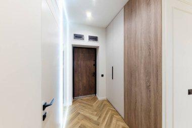 Yeni bir evin iç tasarımı, aynalı ve dolabı olan parlak bir koridor.