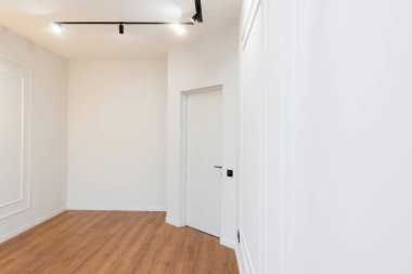 Ahşap zeminli ve ışıklandırmalı boş parlak odanın iç tasarımı