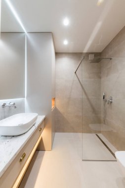 Banyo iç tasarımı büyük ayna gri kiremitler ve cam duvarla