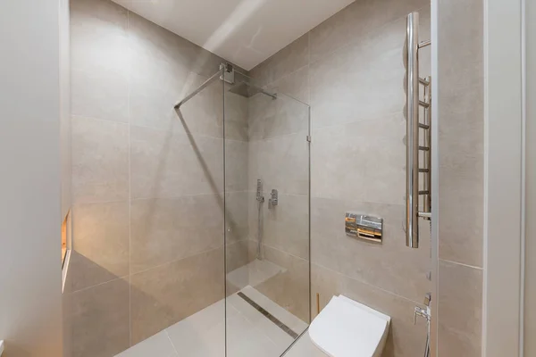Banyo Tasarımı Büyük Ayna Gri Kiremitler Cam Duvarla — Stok fotoğraf