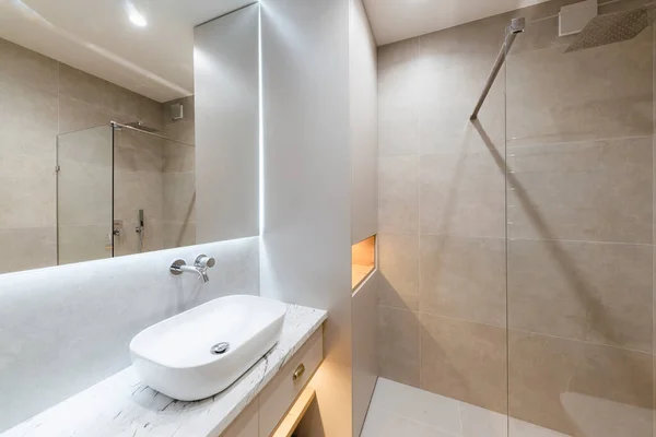 Bathroom Interior Design Large Mirror Gray Tiles Glass Wall — Stock Photo, Image