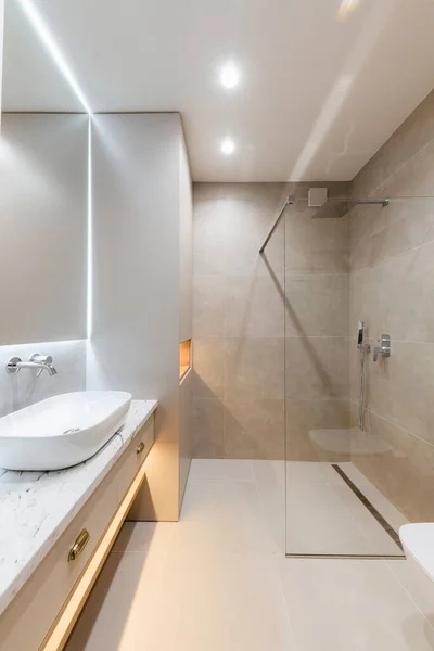 Diseño Interior Del Cuarto Baño Con Grandes Azulejos Espejo Gris — Foto de Stock