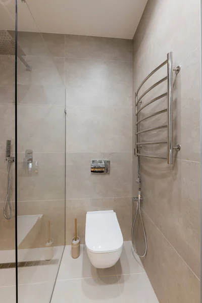 Design Interiores Banheiro Com Grandes Azulejos Espelho Cinza Parede Vidro — Fotografia de Stock