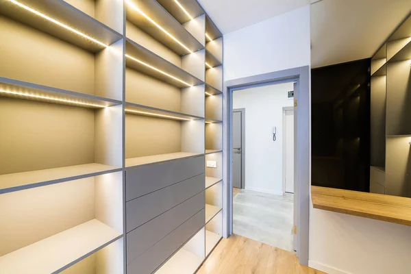 Bright, spacious wardrobe for things. Many shelves with backlight
