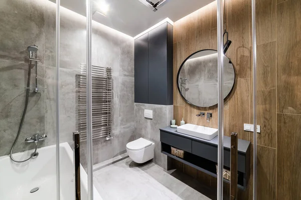 Design Interiéru Vimnat Koupelně Šedými Dlaždicemi — Stock fotografie