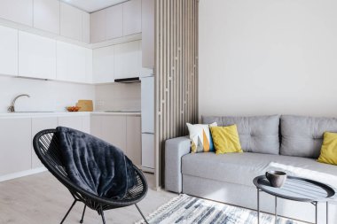 rahat gri kanepe ve yeni bir evde yastıklar.