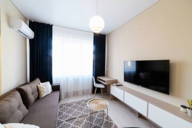 Mobilyalı modern daire, kanepe ve aile için mutfak stüdyosu.