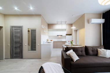 Mobilyalı modern daire, kanepe ve aile için mutfak stüdyosu.