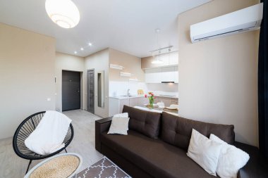 Mobilyalı modern daire, kanepe ve aile için mutfak stüdyosu.