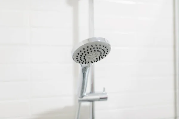 New Metal Water Shower White Tile Wall — Stock Photo, Image