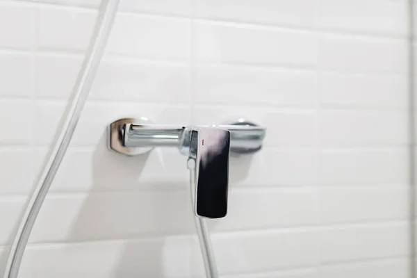 New Metal Water Faucet White Tile Wall — Stock Photo, Image
