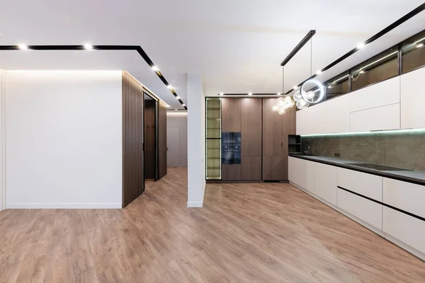 interior design of a large studio kitchen with light and dark facades