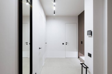 stylish and modern apartment interior design with light walls and a mirror