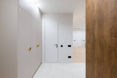 interior design of a light corridor with dark furniture in a new building
