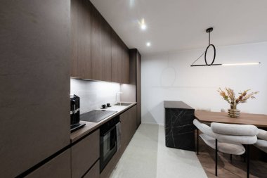 Studio kitchen interior design with kitchen furniture and lighting