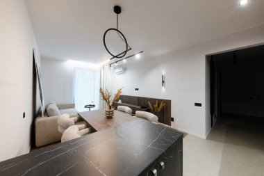 Studio kitchen interior design with kitchen furniture and lighting