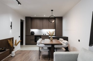 Studio kitchen interior design with kitchen furniture and lighting
