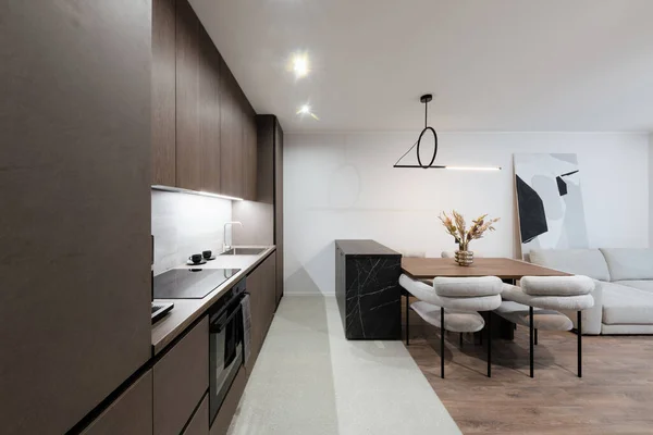 Studio kitchen interior design with kitchen furniture and lighting