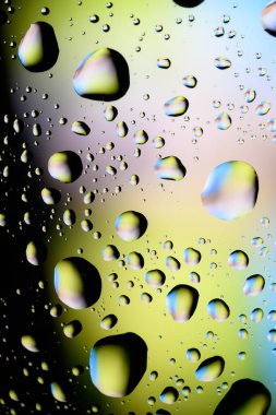 Water drops on glass, raindrops, texture, banner and background, green and blue drops