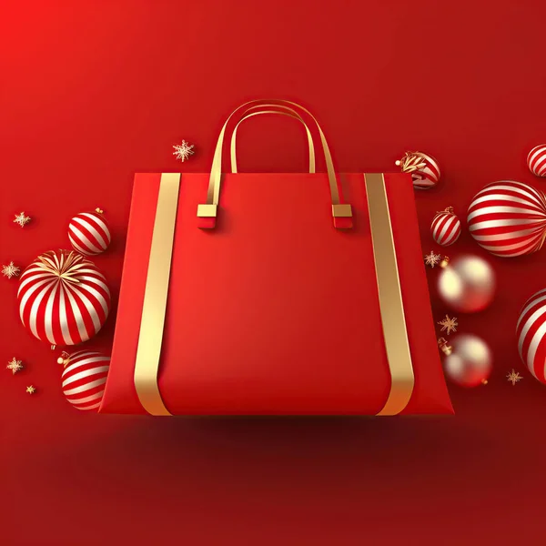 Рендеринг Красной Подарочной Сумки Рождественском Фоне Дизайна Концепции Празднования — стоковое фото