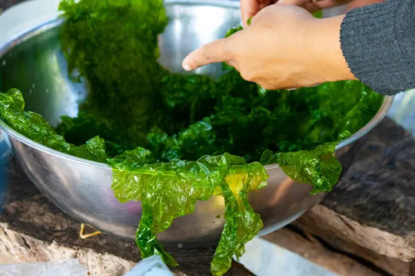 Stock image Hands reaching into a glass bowl filled with fresh,organic green leafy vegetables being prepared in a kitchen setting for a healthy,nutritious meal or salad.