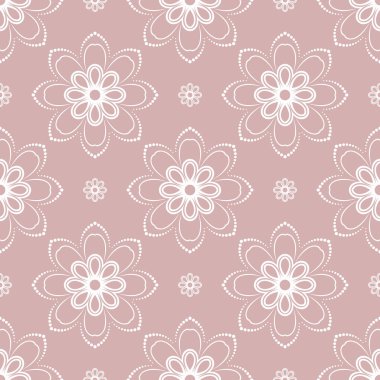 Çiçek vektör süsü. Çiçekli kusursuz soyut klasik arka plan. Mor ve beyaz desenli yinelenen çiçek elementleri. Duvar kağıdı ve ambalaj için süs