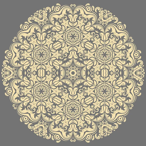 Orientální Vektorový Ornament Arabeskami Květinovými Prvky Tradiční Šedá Žlutá Kulatá — Stockový vektor