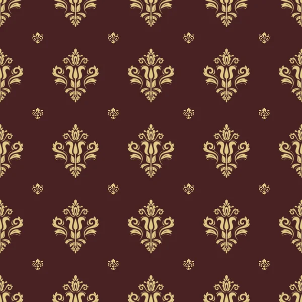 无缝线矢量图样 现代棕色和金色的几何装饰与皇家百合花 经典背景 — 图库矢量图片
