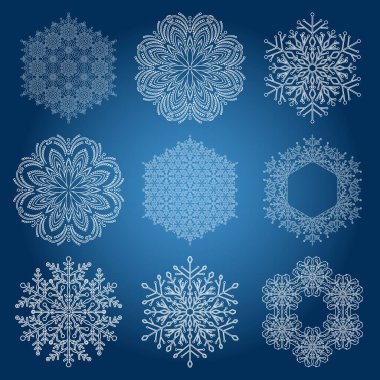 Bir dizi vektör kar taneleri. Kış süsü koleksiyonu. Kar taneleri koleksiyonu. Arkaplan ve tasarımlar için kar taneleri