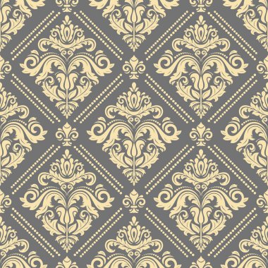 Orient vektörü klasik gri ve altın desenli. Klasik elementlerle kusursuz soyut bir arkaplan. Oryantasyon düzeni. Duvar kağıtları ve ambalaj için süs