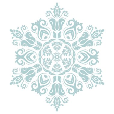 Yuvarlak vektör kar tanesi. Soyut kış süsü. Açık mavi ve beyaz kar taneli desen