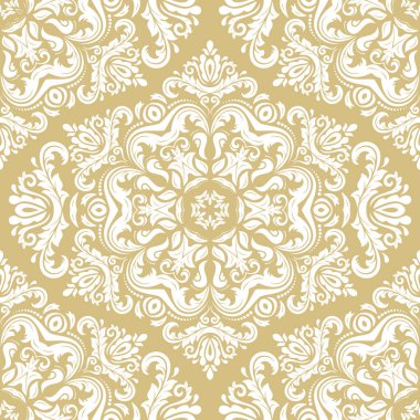 Klasik kusursuz vektör deseni. Damask altın ve beyaz oryantasyon süsü. Klasik klasik klasik arka plan. Kumaş, duvar kâğıtları ve ambalaj için doğu deseni