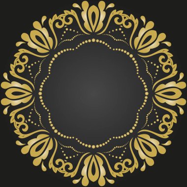 Arabesk ve çiçeklerle süslenmiş doğu vektör süsü. Geleneksel yuvarlak siyah ve altın klasik süs. Arabesk ile klasik desen