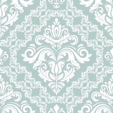 Klasik kusursuz vektör deseni. Damask oryantasyon süsü. Klasik açık mavi ve beyaz arka plan. Kumaş, duvar kâğıtları ve ambalaj için doğu deseni