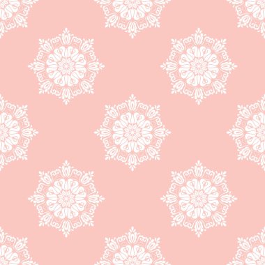 Çiçek pembesi ve beyaz vektör süsü. Çiçekli kusursuz soyut klasik arka plan. Çiçek elementlerinin tekrarlandığı desen. Duvar kağıdı ve ambalaj için süs