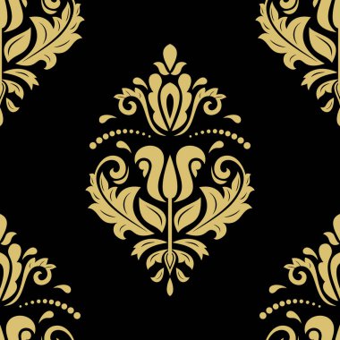 Klasik kusursuz vektör deseni. Damask siyah ve sarı oryantasyon süsü. Klasik klasik klasik arka plan. Kumaş, duvar kâğıtları ve ambalaj için doğu deseni
