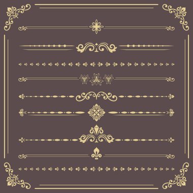 Kahverengi ve altın elementlerden oluşan klasik bir set. Çerçevede yatay ayırıcılar var. Farklı süs eşyaları koleksiyonu. Klasik şablonlar. Eski model dizileri
