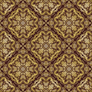 Klasik dikişsiz kahverengi ve altın vektör deseni. Damask oryantasyon süsü. Klasik klasik klasik arka plan. Kumaş, duvar kâğıtları ve ambalaj için doğu deseni