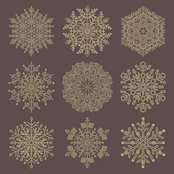 Zestaw Wektorowych Płatków Śniegu Kolekcja Zimowych Brązowych Żółtych Ornamentów Kolekcja — Wektor stockowy