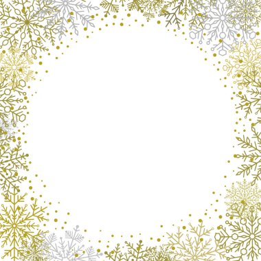 Arabesk ve kar taneleriyle kışın vektör çerçevesi. Altın ve beyaz tebrik kartı. Kar taneli desen
