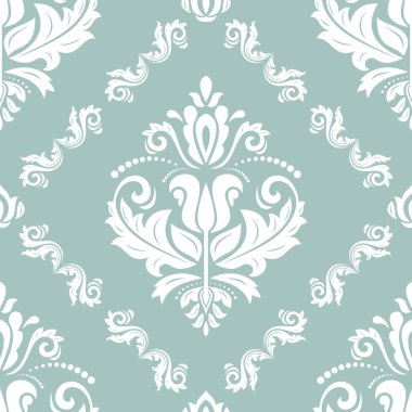 Klasik kusursuz vektör deseni. Damask oryantasyon süsü. Klasik açık mavi ve beyaz arka plan. Kumaş, duvar kâğıtları ve ambalaj için doğu deseni